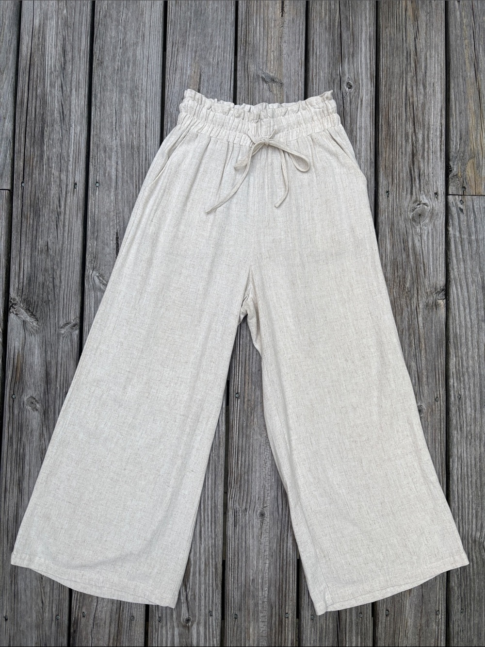 ANRABESS | Beige Linen Blend Crop High Rise Boho Wide Leg Pants‎ | Size S